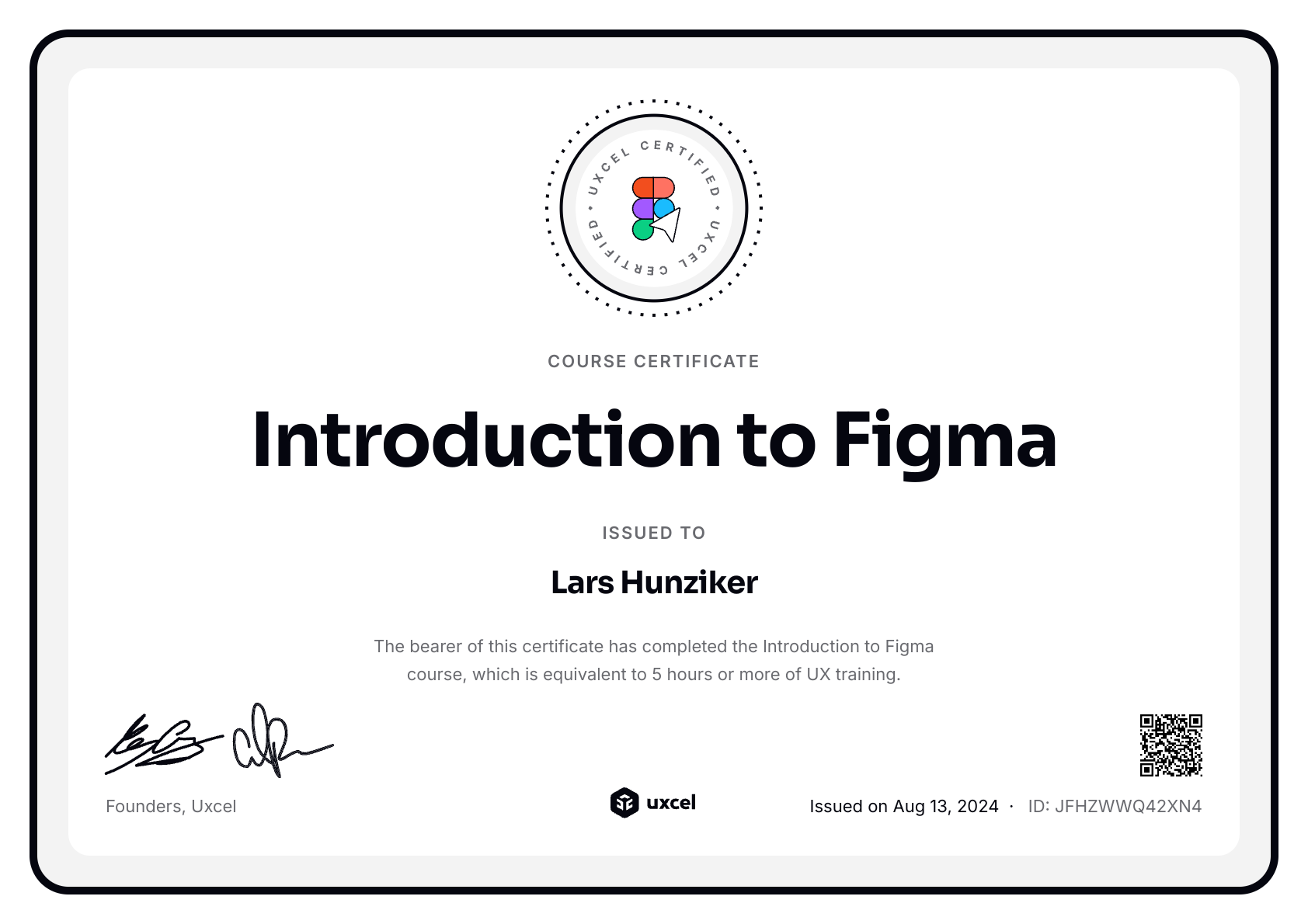 Lars Hunziker's certificate